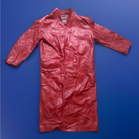 Vintage Red genuine Buttery Leather Global Identity size medium Red Trench Coat - Picture 2 of 6